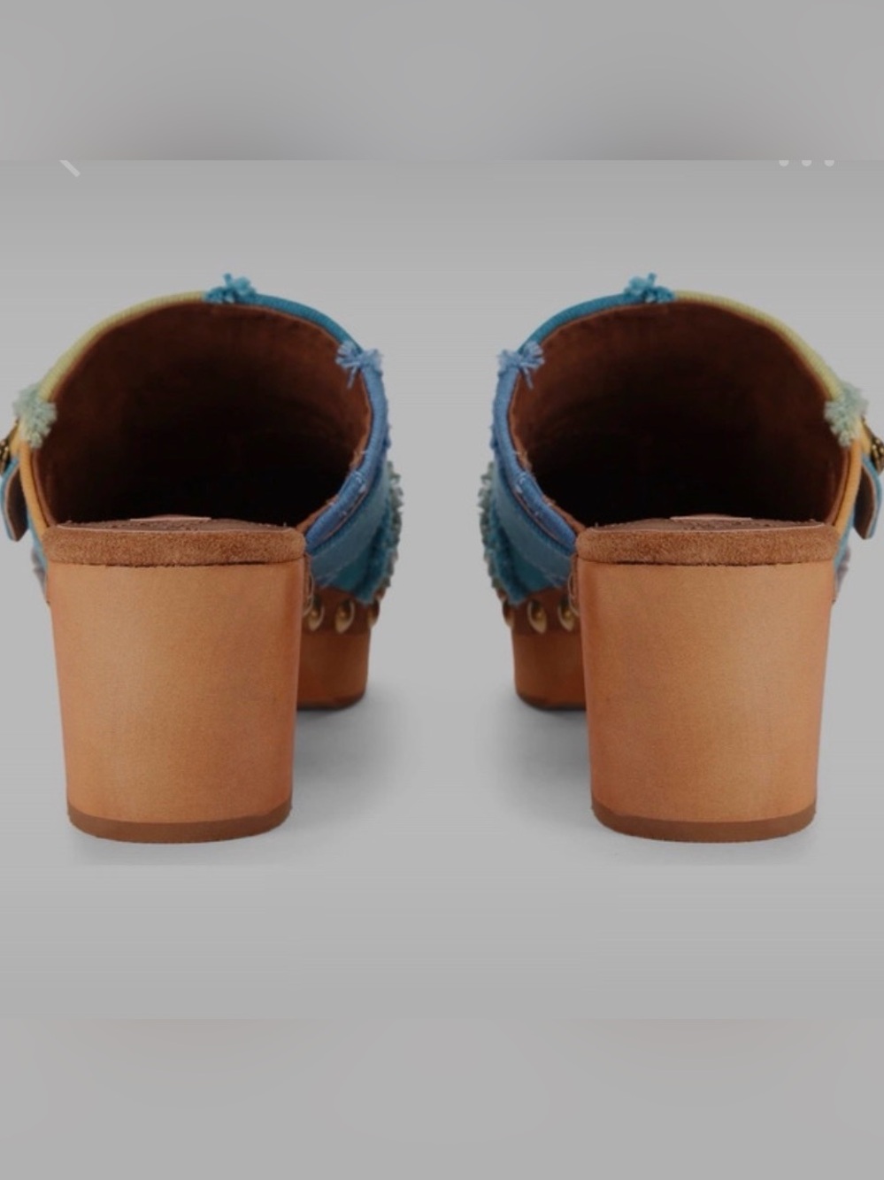 NIB Kurt Geiger Multicolor Frayed Denim Buckle Mules - Picture 3 of 8